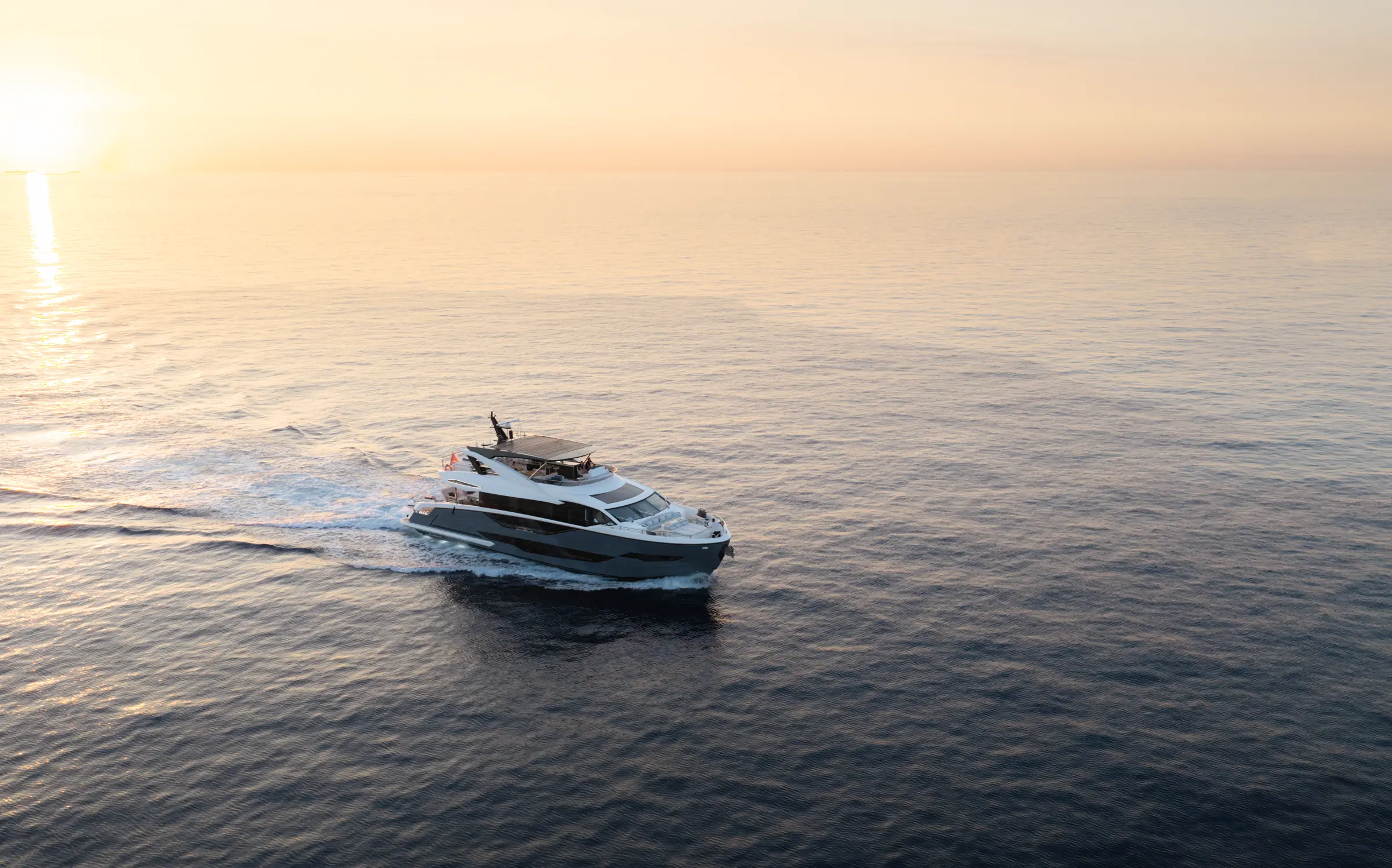 M/Y AINO at sunset, seen from above